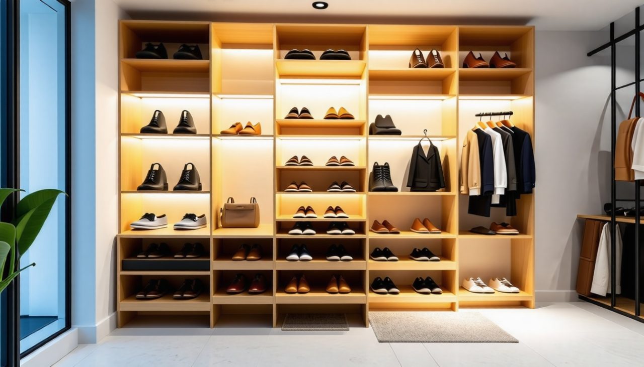 Unité de rangement modulaire pour chaussures dans un dressing moderne, affichant un design épuré et une esthétique minimaliste, avec des tons de bois chauds et un éclairage lumineux mettant en valeur les chaussures organisées.