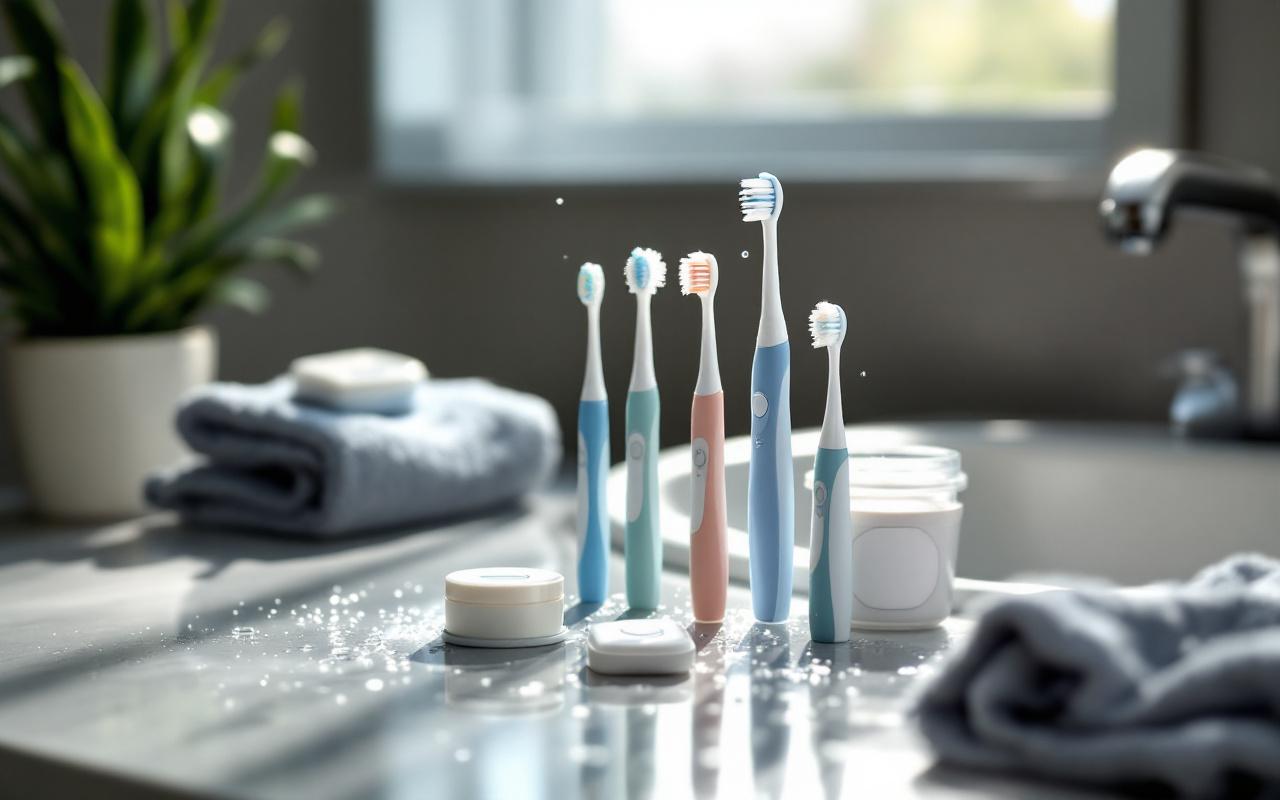 Vue rapproch&eacute;e de brosses interdentaires et d'un fil dentaire pos&eacute;s sur un plan de bain moderne, avec une serviette pli&eacute;e, une petite plante en pot et quelques gouttes d'eau, &eacute;clairage doux matinal et tons bleus et verts.