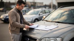 Un homme examine un carnet d’entretien vierge et des factures sans inscription posés sur le capot d’une voiture d’occasion, en lumière naturelle.