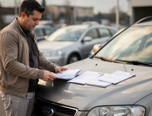 Un homme examine un carnet d’entretien vierge et des factures sans inscription posés sur le capot d’une voiture d’occasion, en lumière naturelle.