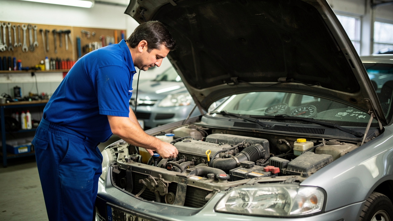Mécanicien inspectant le moteur ouvert et les niveaux de fluides d’une voiture d’occasion dans un atelier automobile.
