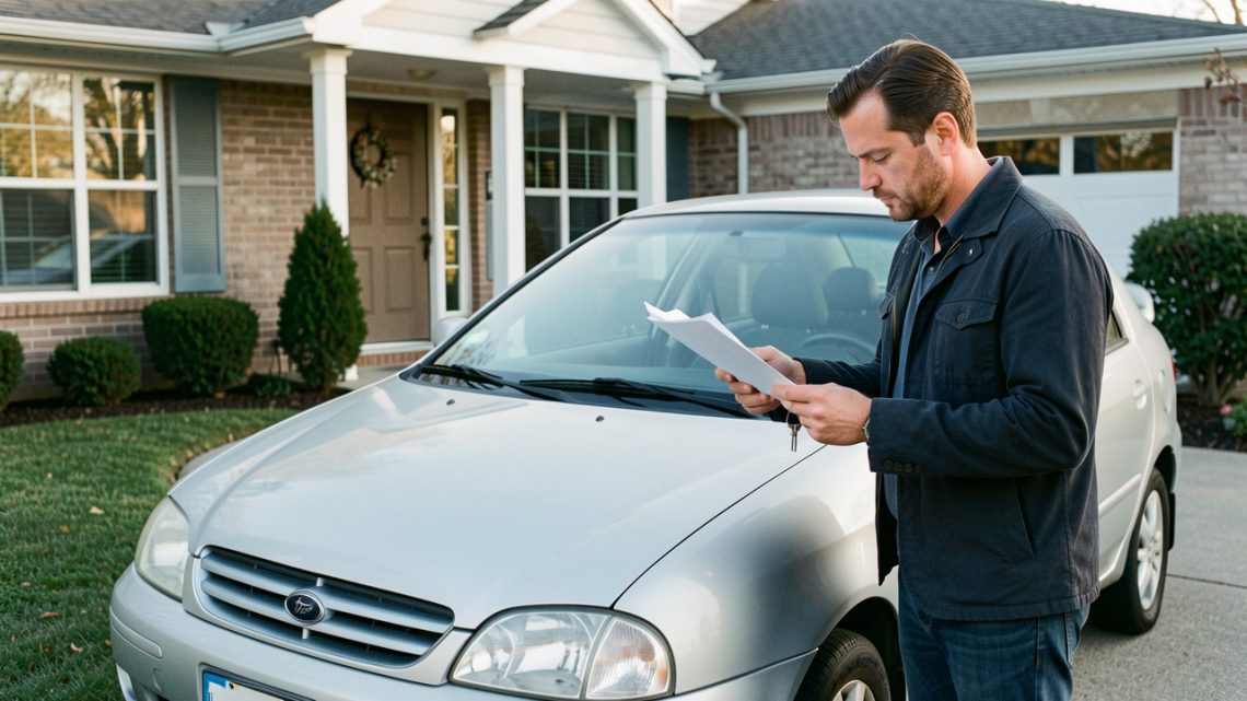 Un homme examine attentivement une voiture d’occasion devant une maison, avec des documents vierges et des clés dans les mains.