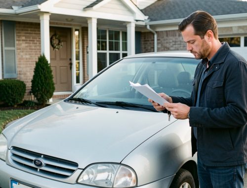 Un homme examine attentivement une voiture d’occasion devant une maison, avec des documents vierges et des clés dans les mains.