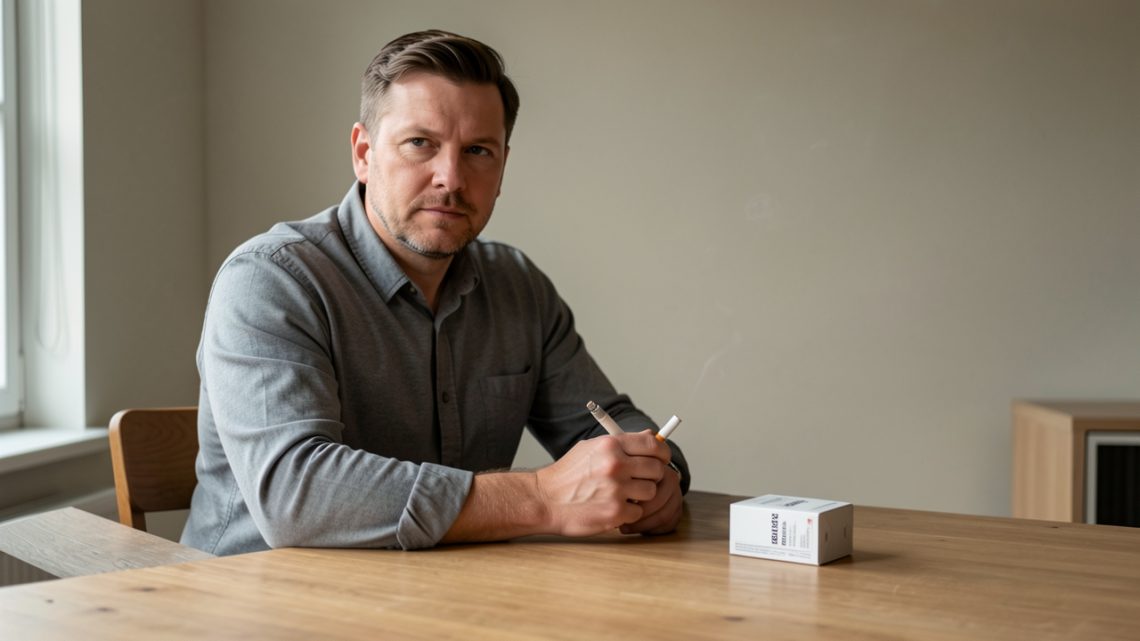 Un homme adulte tient une cigarette électronique rechargeable près d’un paquet de cigarettes fermé, dans un intérieur sobre éclairé par la lumière naturelle, pour illustrer l’arrêt du tabac.