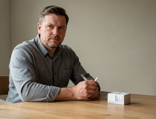 Un homme adulte tient une cigarette électronique rechargeable près d’un paquet de cigarettes fermé, dans un intérieur sobre éclairé par la lumière naturelle, pour illustrer l’arrêt du tabac.