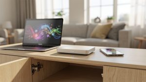 Box Internet posée sur un meuble ouvert dans un salon lumineux, avec un ordinateur portable et un smartphone évoquant une connexion sans fil.