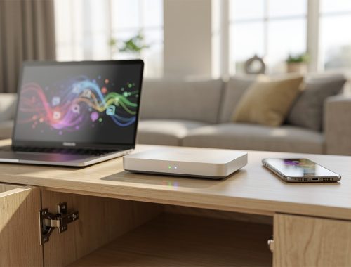 Box Internet posée sur un meuble ouvert dans un salon lumineux, avec un ordinateur portable et un smartphone évoquant une connexion sans fil.