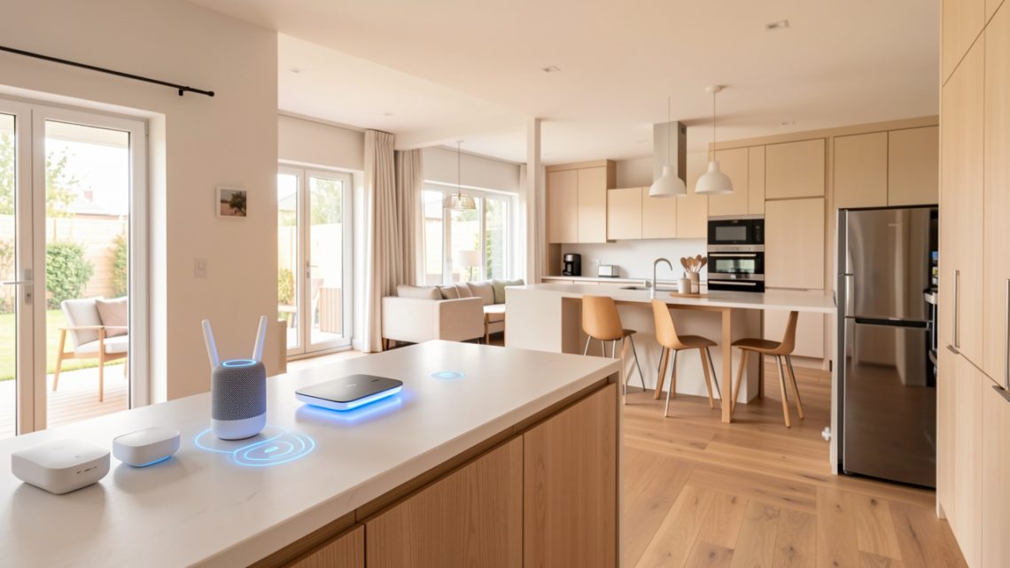 Intérieur moderne et lumineux avec une box internet, des routeurs mesh et plusieurs appareils connectés répartis dans différentes pièces.