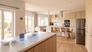 Intérieur moderne et lumineux avec une box internet, des routeurs mesh et plusieurs appareils connectés répartis dans différentes pièces.