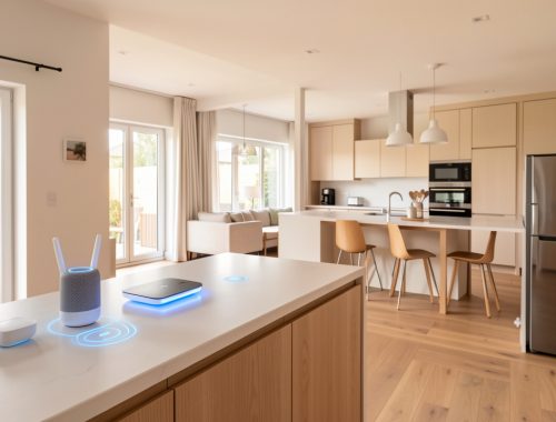 Intérieur moderne et lumineux avec une box internet, des routeurs mesh et plusieurs appareils connectés répartis dans différentes pièces.