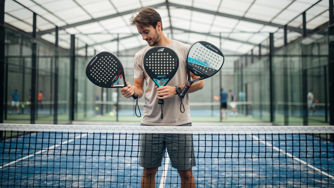 Un joueur amateur de padel compare trois raquettes de formes ronde, goutte d’eau et diamant sur un court couvert éclairé par la lumière naturelle.