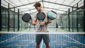 Un joueur amateur de padel compare trois raquettes de formes ronde, goutte d’eau et diamant sur un court couvert éclairé par la lumière naturelle.