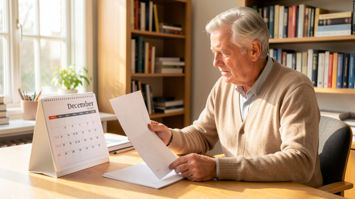 Homme retraité actif consultant des documents de carrière vierges et un calendrier mensuel non marqué sur une table de travail lumineuse.