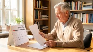 Homme retraité actif consultant des documents de carrière vierges et un calendrier mensuel non marqué sur une table de travail lumineuse.