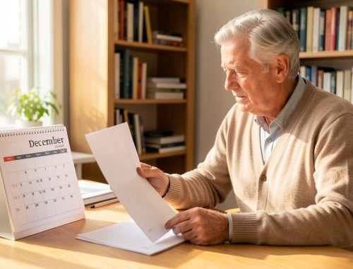 Homme retraité actif consultant des documents de carrière vierges et un calendrier mensuel non marqué sur une table de travail lumineuse.