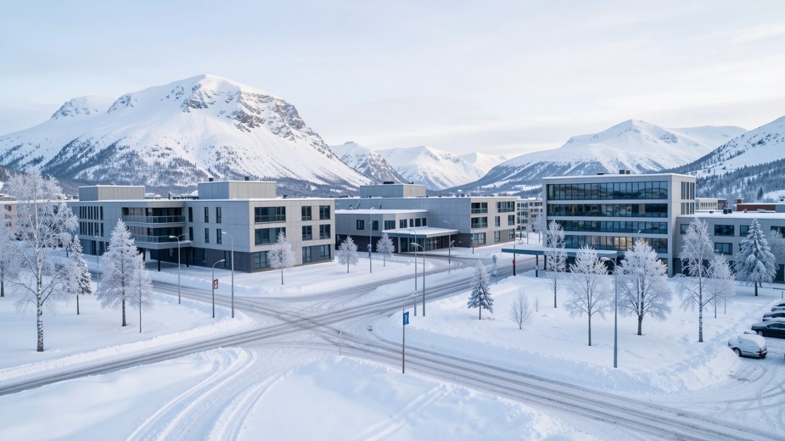 Vue hivernale réaliste du nouveau centre-ville de Kiruna en Suède, avec des immeubles modernes, des rues enneigées et des montagnes couvertes de neige sous une douce lumière arctique.