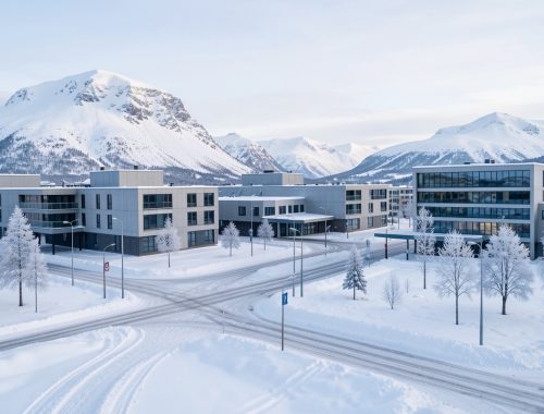 Vue hivernale réaliste du nouveau centre-ville de Kiruna en Suède, avec des immeubles modernes, des rues enneigées et des montagnes couvertes de neige sous une douce lumière arctique.