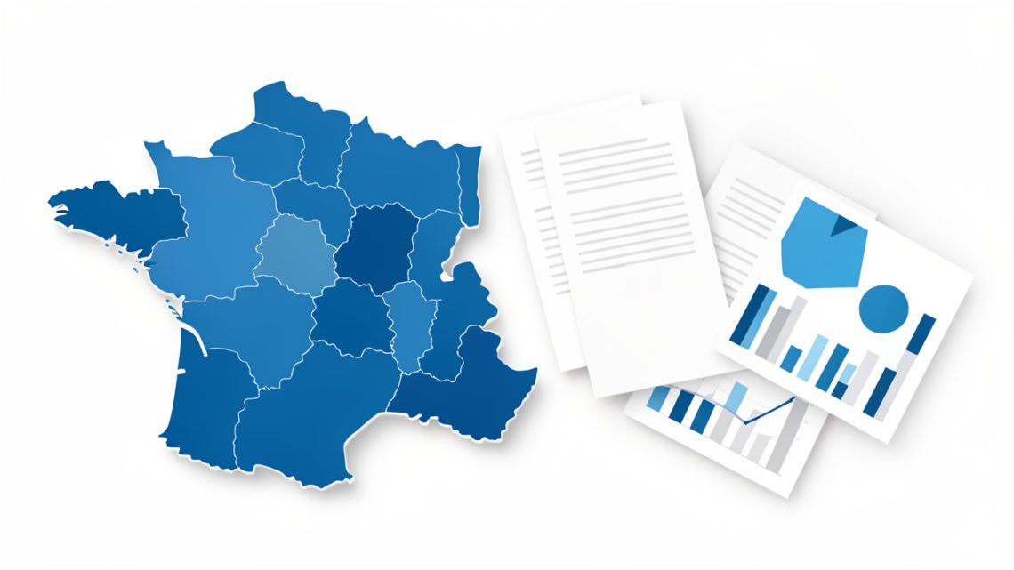 Illustration éditoriale sobre représentant une carte stylisée de la France, des documents administratifs vierges et des graphiques statistiques abstraits dans des tons bleu, blanc et gris.
