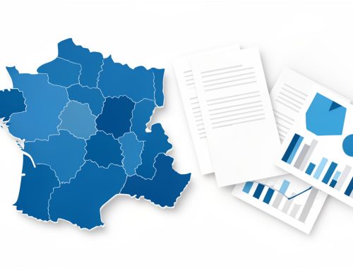 Illustration éditoriale sobre représentant une carte stylisée de la France, des documents administratifs vierges et des graphiques statistiques abstraits dans des tons bleu, blanc et gris.