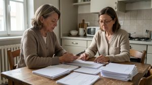 Une femme dans une cuisine française trie soigneusement des justificatifs administratifs et consulte une notification sur son téléphone.