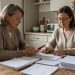 Une femme dans une cuisine française trie soigneusement des justificatifs administratifs et consulte une notification sur son téléphone.